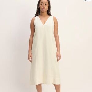 NEW Everlane The Linen V-Neck Midi Dress Bone Cream Sleeveless Pockets Lined